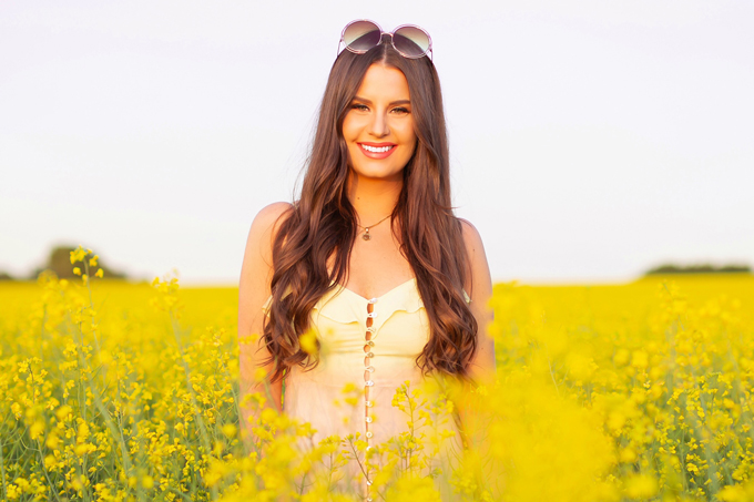 Another Trip Around The Sun | Brunette woman in a field of canola wearing a button-front ombre maxi dress at sunset celebrating her birthday | Bohemian Summer Outfit Ideas | Leo Season | Calgary, Alberta, Canada Lifestyle and Fashion Blogger, Justine Celina Maguire | JustineCelina Birthday | JustineCelina.com