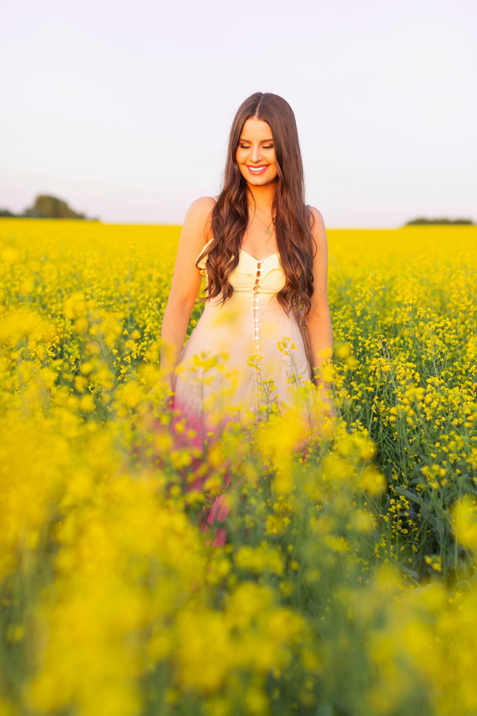 Another Trip Around The Sun | Brunette woman in a field of canola wearing a button-front ombre maxi dress at sunset celebrating her birthday | Bohemian Summer Outfit Ideas | Leo Season | Calgary, Alberta, Canada Lifestyle and Fashion Blogger, Justine Celina Maguire | JustineCelina Birthday | JustineCelina.com