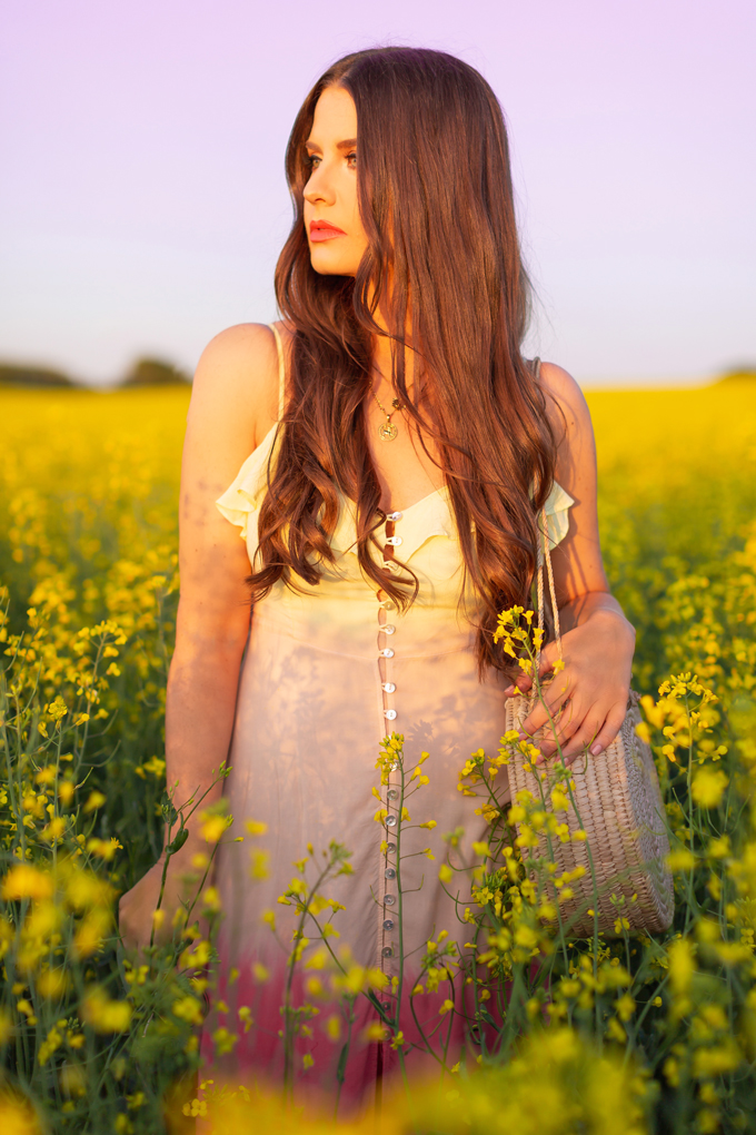 Another Trip Around The Sun | Brunette woman in a field of canola wearing a button-front ombre maxi dress at sunset celebrating her birthday | Bohemian Summer Outfit Ideas | Leo Season | Calgary, Alberta, Canada Lifestyle and Fashion Blogger, Justine Celina Maguire | JustineCelina Birthday | JustineCelina.com