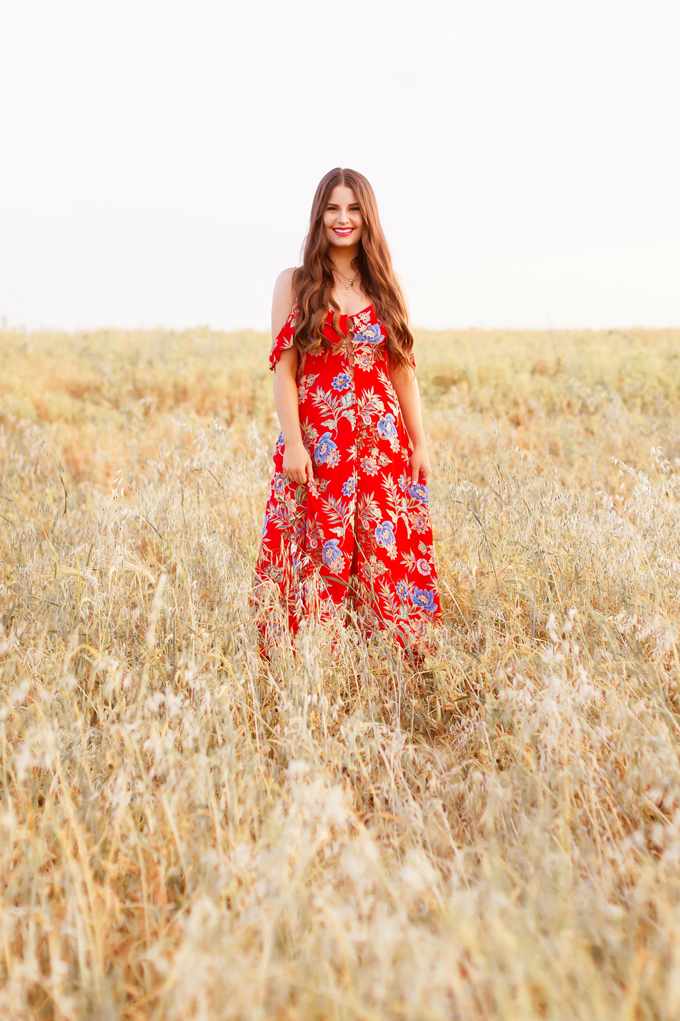 LATE SUMMER 2019 LOOKBOOK | Crimson and Clover: How to Style Maxi Dresses for Summer / Autumn | Red Maxi Dress Outfit Ideas | Bohemians Transitional Outfit Ideas | Brunette woman wearing a floral printed red maxi dress with nude espadrilles in a wheat field | Summer 2019 Trends | Canadian wheat field in Wheatland County, Alberta at Sunset | A Canadian Field of Wheat at Golden Hour | Calgary, Alberta, Canada Lifestyle and Fashion Blogger, Justine Celina Maguire | JustineCelina.com