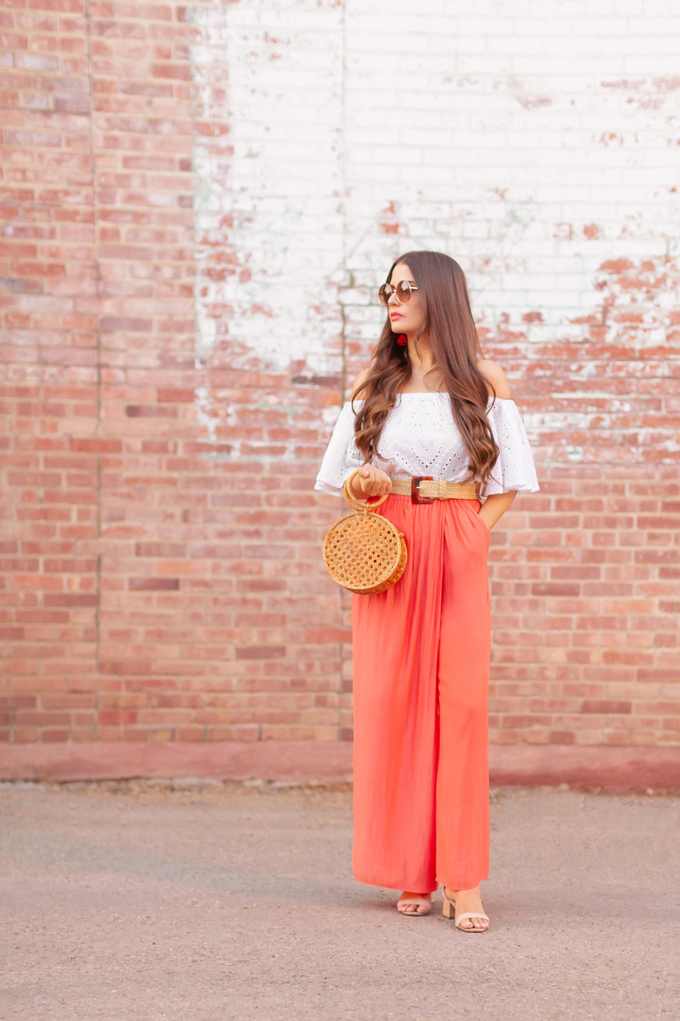 LATE SUMMER 2019 LOOKBOOK | Living in Coral: How wear Pantone’s 2019 Colour of the Year, Living Coral for Summer / Autumn 2019 l Summer/Fall 2019 Casual Outfit Ideas | How to Style Palazzo Pants for Summer / Fall 2019 | Brunette woman wearing Coral Palazzo Pants, a white Broderie Anglaise off-the-shoulder top, a bamboo bracelet bag and a woven tortoise buckle belt | Top Summer to Fall 2019 Transitional Trends and how to wear them | Calgary Fashion Blogger // JustineCelina.com