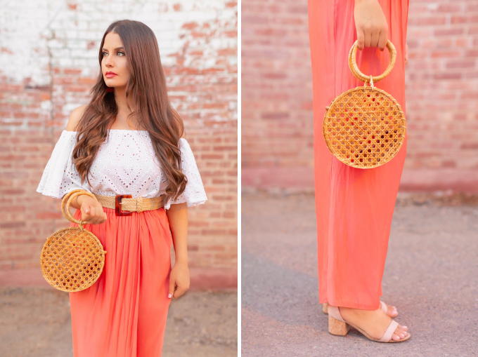 LATE SUMMER 2019 LOOKBOOK | Living in Coral: How wear Pantone’s 2019 Colour of the Year, Living Coral for Summer / Autumn 2019 l Summer/Fall 2019 Casual Outfit Ideas | How to Style Palazzo Pants for Summer / Fall 2019 | Brunette woman wearing Coral Palazzo Pants, a white Broderie Anglaise off-the-shoulder top, a bamboo bracelet bag and a woven tortoise buckle belt | Top Summer to Fall 2019 Transitional Trends and how to wear them | Calgary Fashion Blogger // JustineCelina.com