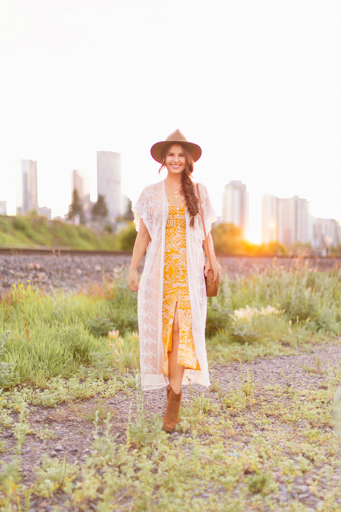 LATE SUMMER 2019 LOOKBOOK | Stampede 2019/2020 Outfit Ideas | Brunette Woman wearing a button-down mustard Aztec print midi dress with a sheer lace kimono, Bali Round Woven Bag, felt wide-brim hat and western ankle boots | What to Wear to The Calgary Stampede | Calgary Stampede Dress Code | Bohemian Western Inspired Outfit Summer 2019/2020 | Boho Stampede Style | Justine Celina Maguire // JustineCelina.com