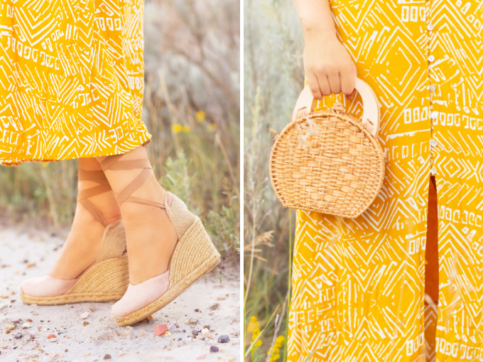LATE SUMMER 2019 LOOKBOOK | Mustard Moment: How to Transition Midi Dresses into Autumn | How to Wear Summer Clothes in Fall | Brunette Woman wearing a button-down mustard Aztec print midi dress with a woven rattan bag and nude espadrilles | Top Summer to Fall 2019 Transitional Trends and how to wear them | HooDoos, Drumheller Bandlands, Alberta | Calgary Fashion Blogger // JustineCelina.com