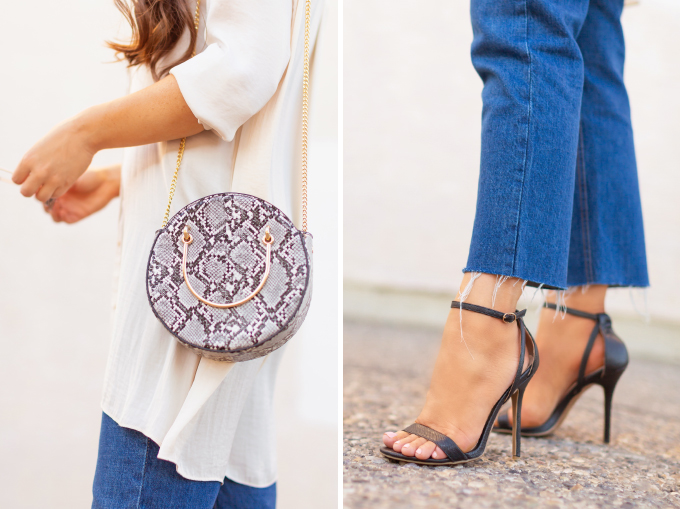 LATE SUMMER 2019 LOOKBOOK | Silk Snakeskin: How to Style Cropped Straight Leg Jeans for Transitional Weather l Summer/Fall 2019 Casual Outfit Ideas | How to style Snakeskin for Autumn 2019 | FreePeople FP One Adella Bralette review | Brunette woman wearing a cropped dark rinse denim, a silk button down shirt, a circular snakeskin bag and black scrappy stiletto sandals | Top Summer to Fall 2019 Transitional Trends and how to wear them | Calgary Fashion Blogger // JustineCelina.com
