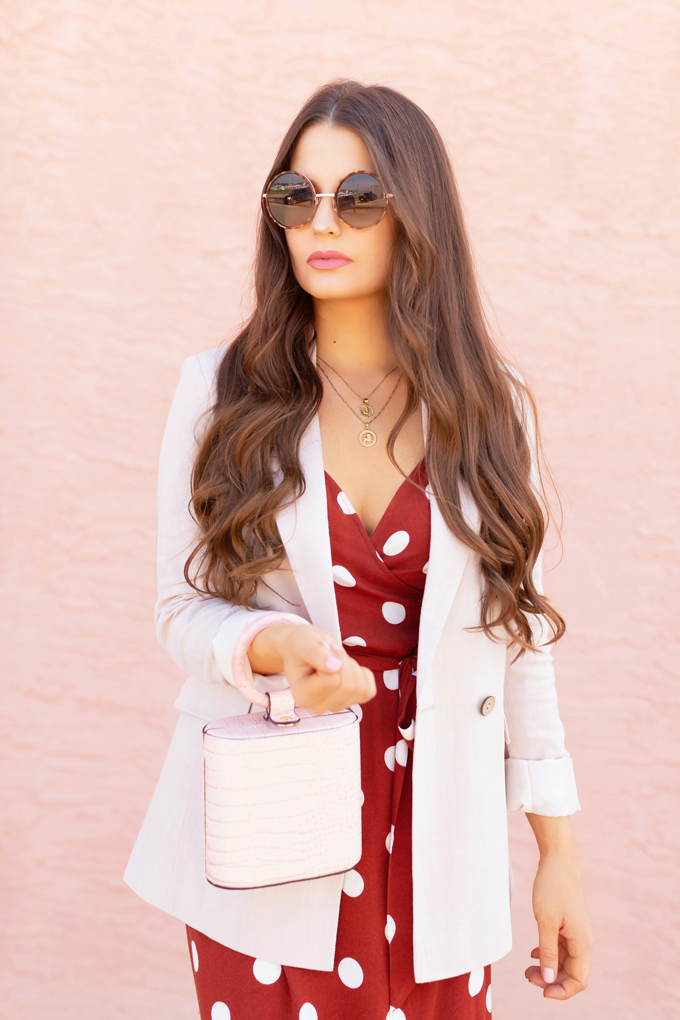 LATE SUMMER 2019 LOOKBOOK | Spot On: How to Style Polka Dots for the Office | How to Style Polka Dots into Fall | The Best Dresses for Work | Summer/Fall 2019 Professional Outfit Ideas | Brunette woman wearing a brown polka dot wrap dress, TopShop Oatmeal linen blazer, pink croc-embossed bracelet bag, and white, square toed scrappy sandals | Top Summer to Fall 2019 Transitional Trends | Calgary Fashion Blogger // JustineCelina.com