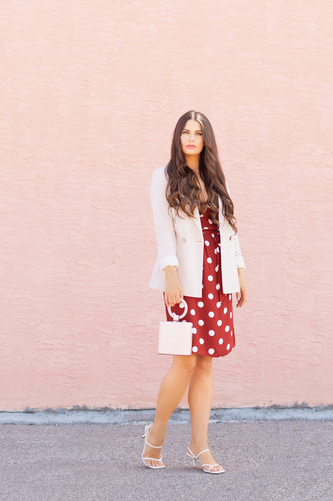 LATE SUMMER 2019 LOOKBOOK | Spot On: How to Style Polka Dots for the Office | How to Style Polka Dots into Fall | The Best Dresses for Work | Summer/Fall 2019 Professional Outfit Ideas | Brunette woman wearing a brown polka dot wrap dress, TopShop Oatmeal linen blazer, pink croc-embossed bracelet bag, and white, square toed scrappy sandals | Top Summer to Fall 2019 Transitional Trends | Calgary Fashion Blogger // JustineCelina.com