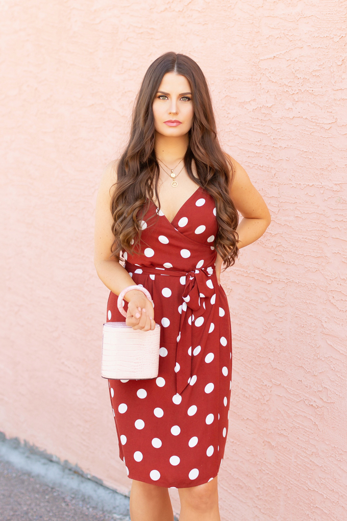 LATE SUMMER 2019 LOOKBOOK | Spot On: How to Style Polka Dots for the Office | How to Style Polka Dots into Fall | The Best Dresses for Work | Summer/Fall 2019 Professional Outfit Ideas | Brunette woman wearing a brown polka dot wrap dress, TopShop Oatmeal linen blazer, pink croc-embossed bracelet bag, and white, square toed scrappy sandals | Top Summer to Fall 2019 Transitional Trends | Calgary Fashion Blogger // JustineCelina.com