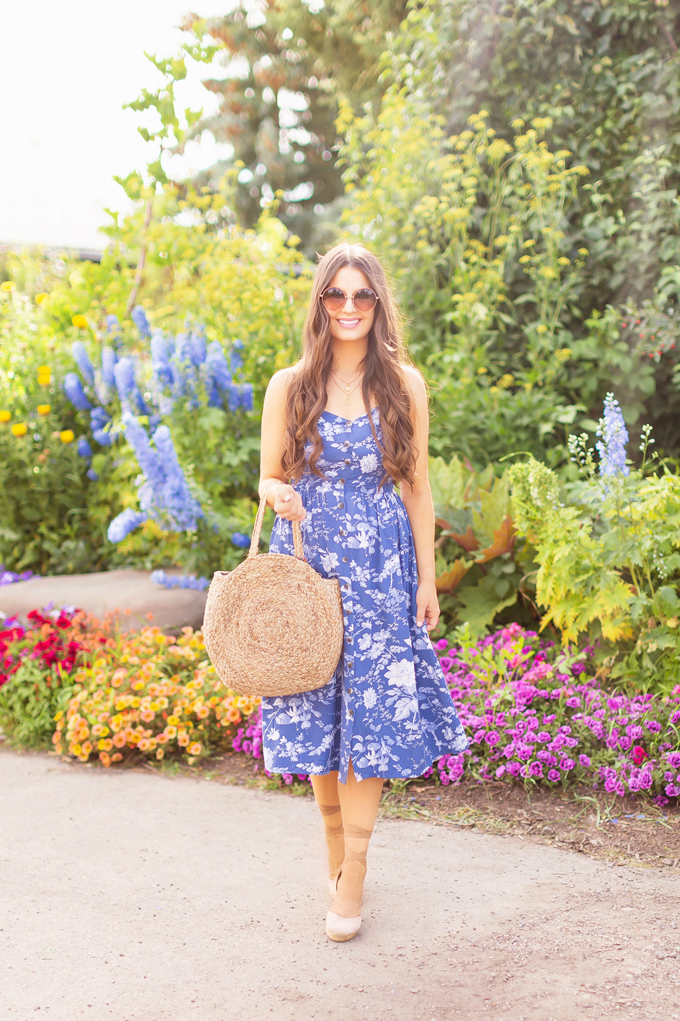 LATE SUMMER 2019 LOOKBOOK | True Blue: My Go-To Outfit Formula for Casual Weekends | Summer/Fall 2019 Casual Weekend Outfit Ideas | What to Wear to the Farmer’s Market | Brunette woman wearing a Coral, Button-Down Linen Dress, A Straw Hat, Oversized Round Sunglasses and a Vintage Oversized Woven Tote  | Top Summer to Fall 2019 Transitional Trends and how to wear them | Saskatoon Farm, Calgary Alberta | Calgary Fashion Blogger // JustineCelina.com