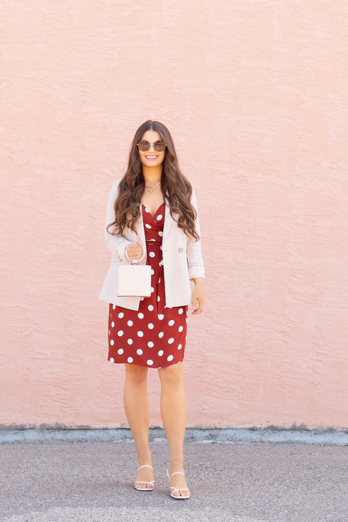 Pattern Play: Polka Dots | How to Style Polka Dots for the Office | How to Style Polka Dots into Fall | The Best Dresses for Work | Summer/Fall 2019 Professional Outfit Ideas | Brunette woman wearing a brown polka dot wrap dress, TopShop Oatmeal linen blazer, pink croc-embossed bracelet bag, and white, square toed scrappy sandals | Top Summer to Fall 2019 Transitional Trends | Calgary Fashion Blogger // JustineCelina.com