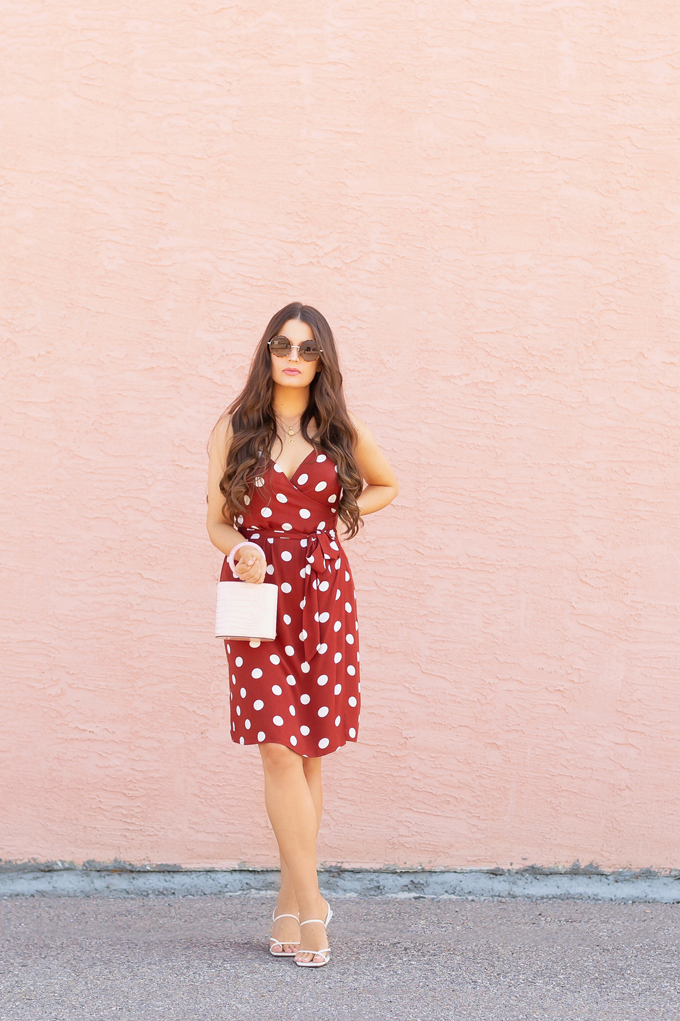 Pattern Play: Polka Dots | How to Style Polka Dots for the Office | How to Style Polka Dots into Fall | The Best Dresses for Work | Summer/Fall 2019 Professional Outfit Ideas | Brunette woman wearing a brown polka dot wrap dress, TopShop Oatmeal linen blazer, pink croc-embossed bracelet bag, and white, square toed scrappy sandals | Top Summer to Fall 2019 Transitional Trends | Calgary Fashion Blogger // JustineCelina.com