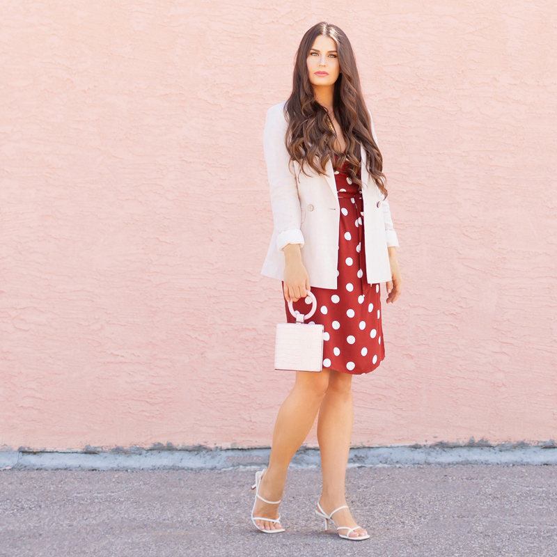 Pattern Play: Polka Dots | How to Style Polka Dots for the Office | How to Style Polka Dots into Fall | The Best Dresses for Work | Summer/Fall 2019 Professional Outfit Ideas | Brunette woman wearing a brown polka dot wrap dress, TopShop Oatmeal linen blazer, pink croc-embossed bracelet bag, and white, square toed scrappy sandals | Top Summer to Fall 2019 Transitional Trends | Calgary Fashion Blogger // JustineCelina.com