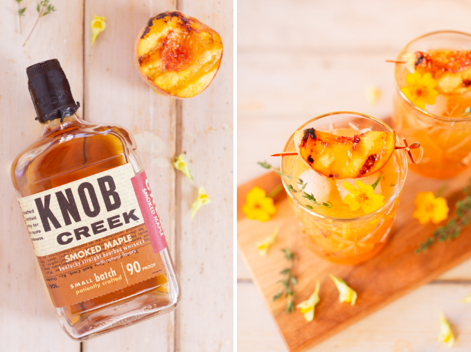 Smoked Peach Maple Bourbon Smash | A summer-meets-autumn sip juxtaposing juicy late summer fruit with a smoky grilled edge and spicy autumnal warmth | Dairy Free, Gluten Free and Refined Sugar Free -- and brimming with better-for-you ingredients! | The best fresh peach bourbon cocktail recipe | Grilled peach cocktail | Peach Bourbon Cocktail | Late summer bourbon cocktails | Southern Summer Peach Cocktail | Early Autumn Peach Cocktail | Autumn Equinox Cocktail Recipe // JustineCelina.com