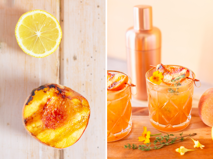 Smoked Peach Maple Bourbon Smash | A summer-meets-autumn sip juxtaposing juicy late summer fruit with a smoky grilled edge and spicy autumnal warmth | Dairy Free, Gluten Free and Refined Sugar Free -- and brimming with better-for-you ingredients! | The best fresh peach bourbon cocktail recipe | Grilled peach cocktail | Peach Bourbon Cocktail | Late summer bourbon cocktails | Southern Summer Peach Cocktail | Early Autumn Peach Cocktail | Autumn Equinox Cocktail Recipe // JustineCelina.com