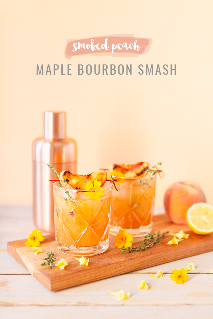 Smoked Peach Maple Bourbon Smash | A summer-meets-autumn sip juxtaposing juicy late summer fruit with a smoky grilled edge and spicy autumnal warmth | Dairy Free, Gluten Free and Refined Sugar Free -- and brimming with better-for-you ingredients! | The best fresh peach bourbon cocktail recipe | Grilled peach cocktail | Peach Bourbon Cocktail | Late summer bourbon cocktails | Southern Summer Peach Cocktail | Early Autumn Peach Cocktail | Autumn Equinox Cocktail Recipe // JustineCelina.com
