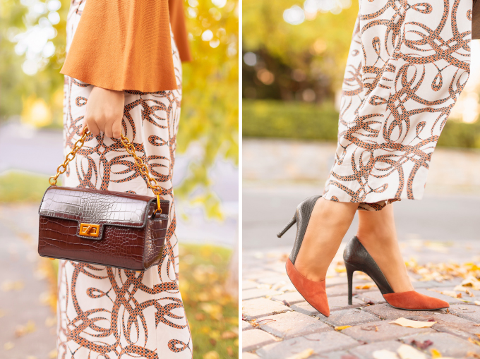 Summer to Fall 2019 Transitional Lookbook : 60’s Sophisticate | Top Summer to Fall 2019 Transitional Trends | Top Autumn 2019 Trends and How to Wear Them | H&M x Richard Allen Collection Review | Fall 2019 Professional Outfit Ideas | Brunette woman wearing H&M x Richard Allen Wide Leg Pants, Pantone Dark Cheddar Bell Sleeve Mockneck, Chocolate Brown Croc Embossed Bag and Zara Burnt Orange and Navy D’Orsay Pumps | Top Calgary Fashion & Creative Lifestyle Blogger // JustineCelina.com