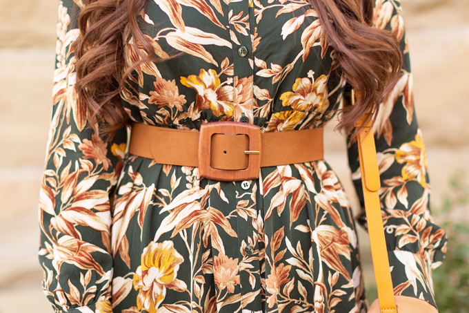 Summer to Fall 2019 Transitional Lookbook |  Top Summer to Fall 2019 Transitional Trends | Top Autumn 2019 Trends and How to Wear Them | The Best Dresses for Work | Fall 2019 Professional Outfit Ideas | Brunette woman wearing an H&M Dark Green Floral Button-Down Midi Dress, Mustard Velvet Block Heeled Sandals, Mustard Leather Bag and a Mango Leather Belt with Wooden Buckle | Top Calgary Fashion & Creative Lifestyle Blogger // JustineCelina.com