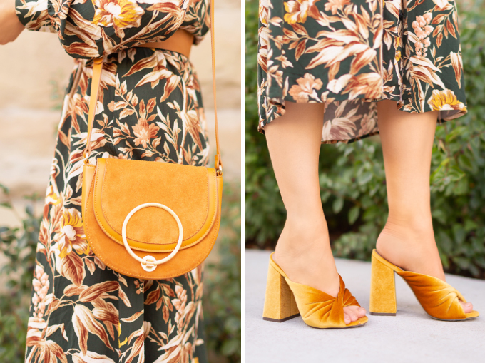 Summer to Fall 2019 Transitional Lookbook | Top Summer to Fall 2019 Transitional Trends | Top Autumn 2019 Trends and How to Wear Them | The Best Dresses for Work | Fall 2019 Professional Outfit Ideas | Brunette woman wearing an H&M Dark Green Floral Button-Down Midi Dress, Mustard Velvet Block Heeled Sandals, Mustard Leather Bag and a Mango Leather Belt with Wooden Buckle | Top Calgary Fashion & Creative Lifestyle Blogger // JustineCelina.com