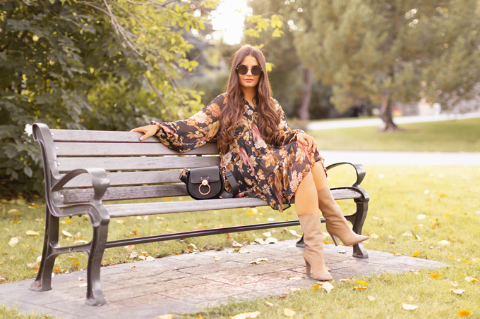 Summer to Fall 2019 Transitional Lookbook : Moody Florals | Top Summer to Fall 2019 Transitional Trends | Top Autumn 2019 Trends and How to Wear Them | The Best Moody Floral Dresses for Fall | | Brunette woman wearing an H&M Wide Cut Chiffon Floral Dress, Zara Taupe Mid-Calf Suede Boots, A Black Chloe Tess Dupe by Artisan Anything, Round Black Sunglasses and a Dark Red Lip | Top Calgary Fashion & Creative Lifestyle Blogger // JustineCelina.com