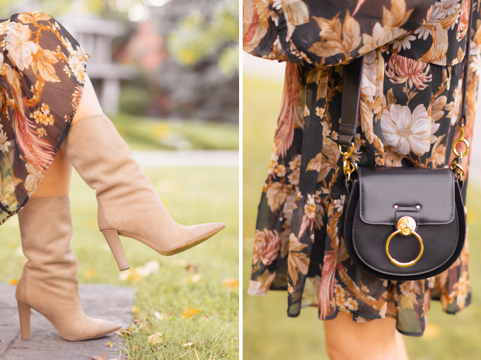 Summer to Fall 2019 Transitional Lookbook : Moody Florals | Top Summer to Fall 2019 Transitional Trends | Top Autumn 2019 Trends and How to Wear Them | The Best Moody Floral Dresses for Fall | | Brunette woman wearing an H&M Wide Cut Chiffon Floral Dress, Zara Taupe Mid-Calf Suede Boots, A Black Chloe Tess Dupe by Artisan Anything, Round Black Sunglasses and a Dark Red Lip | Top Calgary Fashion & Creative Lifestyle Blogger // JustineCelina.com