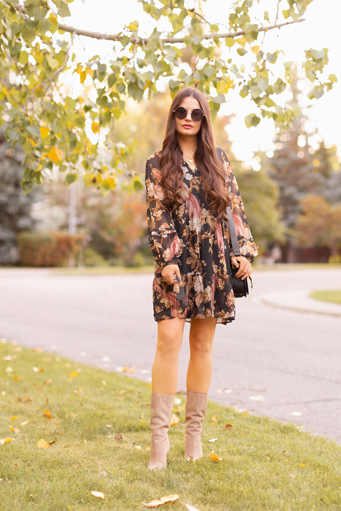 Summer to Fall 2019 Transitional Lookbook : Moody Florals | Top Summer to Fall 2019 Transitional Trends | Top Autumn 2019 Trends and How to Wear Them | The Best Moody Floral Dresses for Fall | | Brunette woman wearing an H&M Wide Cut Chiffon Floral Dress, Zara Taupe Mid-Calf Suede Boots, A Black Chloe Tess Dupe by Artisan Anything, Round Black Sunglasses and a Dark Red Lip | Top Calgary Fashion & Creative Lifestyle Blogger // JustineCelina.com