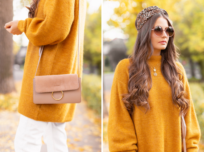 Summer to Fall 2019 Transitional Lookbook | Top Summer to Fall 2019 Transitional Trends | Top Autumn 2019 Trends and How to Wear Them | Fall 2019 Casual Outfit Ideas | Brunette woman wearing an oversized mustard sweater, crop white jeans, Joe Fresh light brown Mixed Media Crossbody Bag, Mango babouches, Round sunglasses and a leopard print turban style headband | Top Calgary Fashion & Creative Lifestyle Blogger // JustineCelina.com