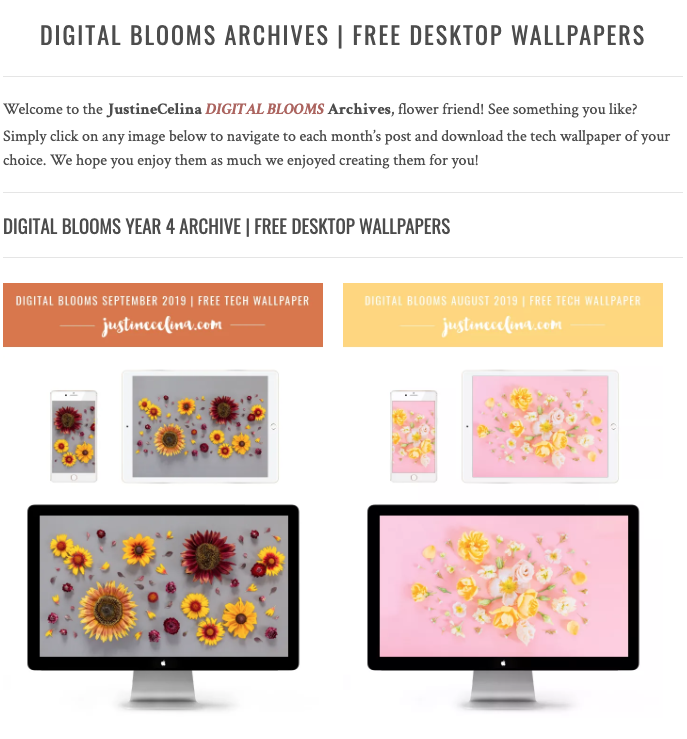 Browse the JustineCelina Digital Blooms archives for access to 4 years of free floral tech wallpapers // JustineCelina.com