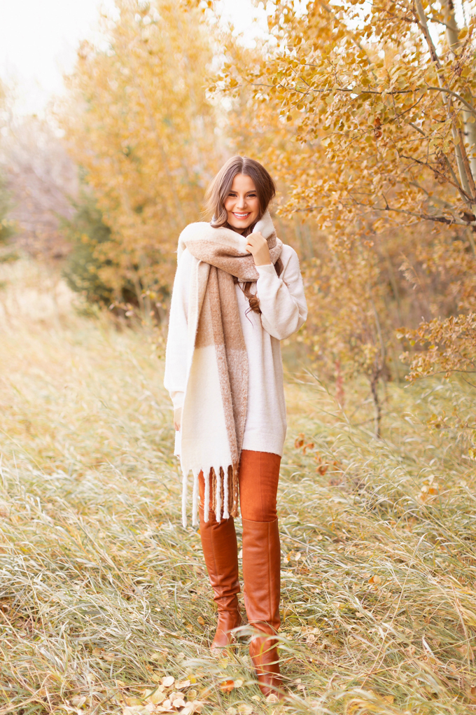 Casual Fall Style Staples | Casual Thanksgiving Outfit Ideas | Thanksgiving Outfit Ideas for Cold Weather | Canadian Thanksgiving Outfits | Casual Family Holiday Dinner Outfit Ideas | Family Thanksgiving Outfits | Bohemian Thanksgiving Outfit Ideas | Casual Boho Fall Outfit | The Best H&M Sweaters | Joe Fresh Faux Leather and Suede Leggings Review | Great Pyrenees | Brunette Woman Wearing a Casual Fall Thanksgiving Outfit | Calgary Fashion & Lifestyle Blogger // JustineCelina.com