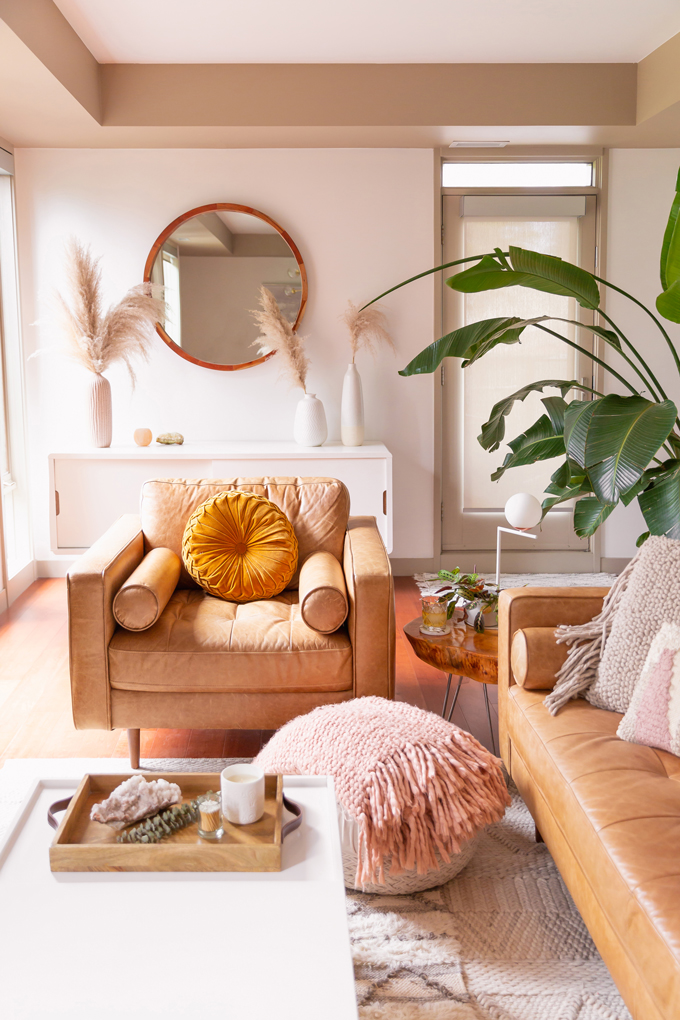 How to Transition Your Decor Into Fall | Easy and inexpensive fall decorating ideas | JustineCelina’s Inner City Calgary bohemian, mid-century modern apartment | A Bohemian, Mid-Century Modern Living Room featuring Pampas Grass and a Mature Bird of Paradise Plant | Fall Decor 2019 Trends | Bohemian, Mid Century Modern Fall Decor | Pantone Fall Winter 2019 / 2020 Interior Design Trends | Fall Decorating DIY | Calgary Lifestyle, Interior Design and Home Decor Blogger // JustineCelina.com