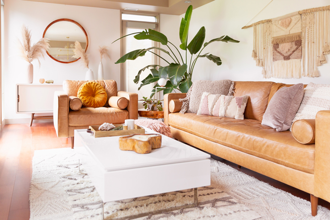 How to Transition Your Decor Into Fall | Easy and inexpensive fall decorating ideas | JustineCelina’s Inner City Calgary bohemian, mid-century modern apartment | A Bohemian, Mid-Century Modern Living Room featuring Urban Outfitters Round Pintuck Pillow in Mustard | Fall Decor 2019 Trends | Bohemian, Mid Century Modern Fall Decor | Pantone Fall Winter 2019 / 2020 Interior Design Trends | Fall Decorating DIY | Calgary Lifestyle, Interior Design and Home Decor Blogger // JustineCelina.com