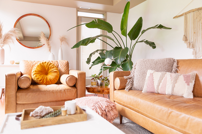 How to Transition Your Decor Into Fall | Easy and inexpensive fall decorating ideas | JustineCelina’s Inner City Calgary bohemian, mid-century modern apartment | A Bohemian, Mid-Century Modern Living Room featuring Urban Outfitters Round Pintuck Pillow in Mustard | Fall Decor 2019 Trends | Bohemian, Mid Century Modern Fall Decor | Pantone Fall Winter 2019 / 2020 Interior Design Trends | Fall Decorating DIY | Calgary Lifestyle, Interior Design and Home Decor Blogger // JustineCelina.com