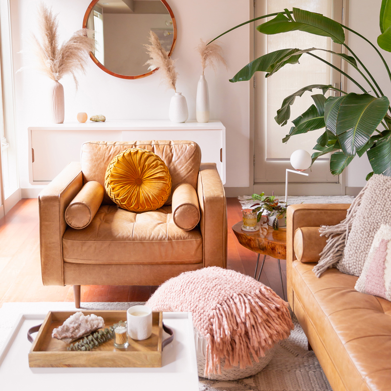 How to Transition Your Decor Into Fall | Easy and inexpensive fall decorating ideas | JustineCelina’s Inner City Calgary bohemian, mid-century modern apartment | A Bohemian, Mid-Century Modern Living Room featuring Urban Outfitters Round Pintuck Pillow in Mustard | Fall Decor 2019 Trends | Bohemian, Mid Century Modern Fall Decor | Pantone Fall Winter 2019 / 2020 Interior Design Trends | Fall Decorating DIY | Calgary Lifestyle, Interior Design and Home Decor Blogger // JustineCelina.com