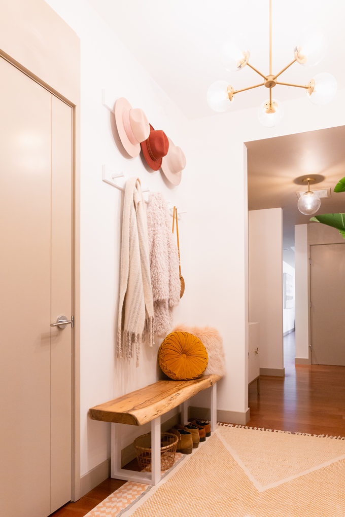 Space Refresh: Entrance Way Reveal in Partnership with Mobilia Canada | A Bohemian, Mid-Century Modern Apartment Entrance Way | Justine Celina Maguire’s Home | 2019 Home Decor Trends | Behr Ultra Pure White | Mobilia Aly Velji Modern India Collection Review | Bohemian, Mid Century Modern Decor | IKEA KUBBIS Rack with 7 hooks, White | Calgary Lifestyle, Interior Design and Home Decor Blogger // JustineCelina.com