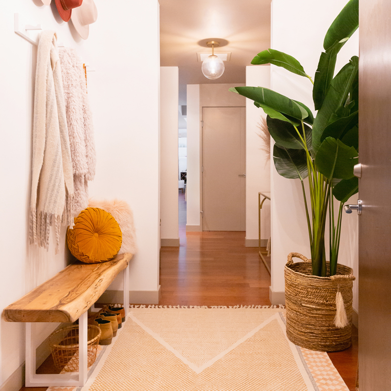 Space Refresh: Entrance Way Reveal in Partnership with Mobilia Canada | A Bohemian, Mid-Century Modern Apartment Entrance Way | Justine Celina Maguire’s Home | 2019 Home Decor Trends | Behr Ultra Pure White | Mobilia Aly Velji Modern India Collection Review | Bohemian, Mid Century Modern Decor | Faux Bird of Paradise Plant | Calgary Lifestyle, Interior Design and Home Decor Blogger // JustineCelina.com