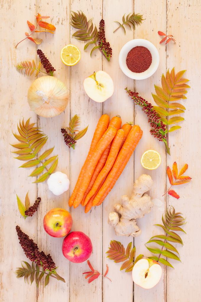 Sumac Roasted Carrot Apple Soup | A fruity, exotic twist on an autumnal classic | The Best Vegan Pureed Soup for Fall | Best Autumn Soup Recipes | Dairy Free Pureed Soups | Cozy Fall Soup Recipes | #glutenfree #dairyfree #vegan | Pureed Soup in a Vitamix | Roasted Carrot Soup For Fall | Fall Soup with Apples | How to Use Sumac | The Best Sumac Recipes | Sumac Health Benefits | Calgary Food Blogger, Food Stylist and Food Photographer // JustineCelina.com