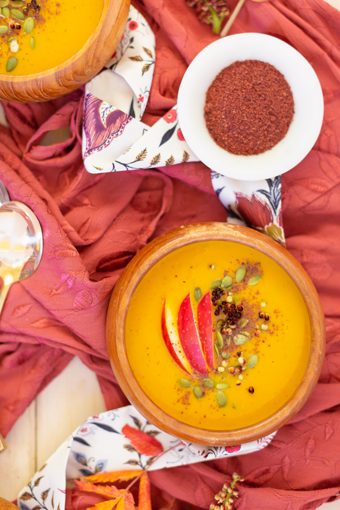 Sumac Roasted Carrot Apple Soup | A fruity, exotic twist on an autumnal classic | The Best Vegan Pureed Soup for Fall | Best Autumn Soup Recipes | Dairy Free Pureed Soups | Cozy Fall Soup Recipes | #glutenfree #dairyfree #vegan | Pureed Soup in a Vitamix | Roasted Carrot Soup For Fall | Fall Soup with Apples | How to Use Sumac | The Best Sumac Recipes | Sumac Health Benefits | Calgary Food Blogger, Food Stylist and Food Photographer // JustineCelina.com