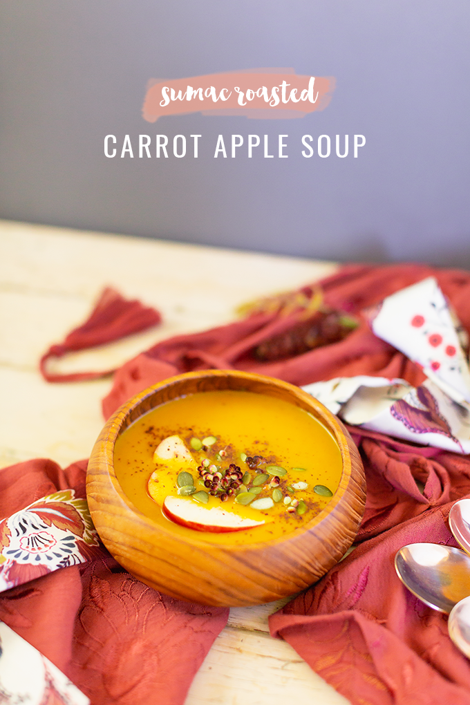 Sumac Roasted Carrot Apple Soup | A fruity, exotic twist on an autumnal classic | The Best Vegan Pureed Soup for Fall | Best Autumn Soup Recipes | Dairy Free Pureed Soups | Cozy Fall Soup Recipes | #glutenfree #dairyfree #vegan | Pureed Soup in a Vitamix | Roasted Carrot Soup For Fall | Fall Soup with Apples | How to Use Sumac | The Best Sumac Recipes | Sumac Health Benefits | Calgary Food Blogger, Food Stylist and Food Photographer // JustineCelina.com