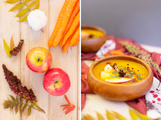 Sumac Roasted Carrot Apple Soup | A fruity, exotic twist on an autumnal classic | The Best Vegan Pureed Soup for Fall | Best Autumn Soup Recipes | Dairy Free Pureed Soups | Cozy Fall Soup Recipes | #glutenfree #dairyfree #vegan | Pureed Soup in a Vitamix | Roasted Carrot Soup For Fall | Fall Soup with Apples | How to Use Sumac | The Best Sumac Recipes | Sumac Health Benefits | Calgary Food Blogger, Food Stylist and Food Photographer // JustineCelina.com