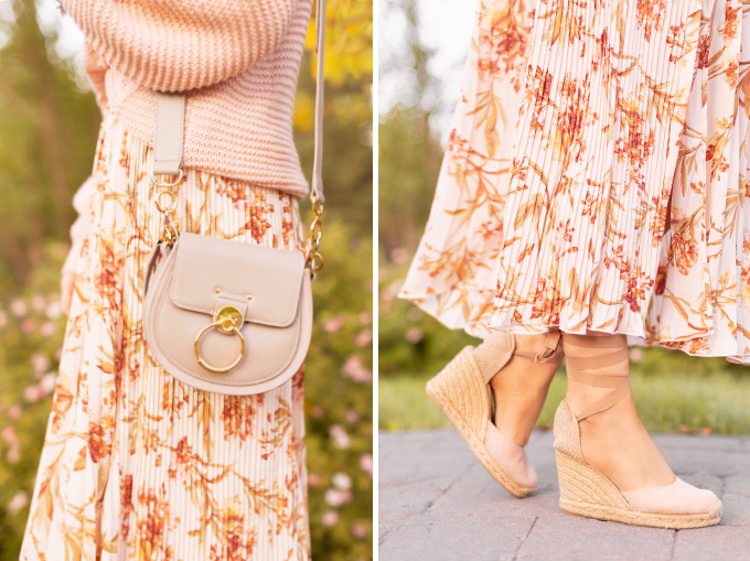 Summer to Fall 2019 Transitional Lookbook: Blushing Boho | Top Summer to Fall 2019 Transitional Trends | Top Autumn 2019 Trends and How to Wear Them | The Best Pleated Skirts and Sweaters for Fall | | Brunette woman wearing an H&M Floral Pleated Skirt, Misguided Blush Sweater, Aldo Brown Muschett Espadrilles, A Grey Chloe Tess Dupe by Artisan Anything, Round Brown Sunglasses and Taupe Felt Flat Brimmed Hat | Top Calgary Fashion & Creative Lifestyle Blogger // JustineCelina.com