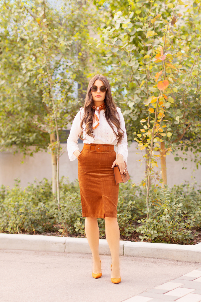 Summer to Fall 2019 Transitional Lookbook: Transitional Textures | Top Summer to Fall 2019 Transitional Trends | Top Autumn 2019 Trends and How to Wear Them | Fall 2019 Professional Outfit Ideas | Brunette woman wearing a Congac Corduroy Skirt, White Embroidered Top, Vintage Silk Neck Scarf, a TopShop Croc Embossed Bag and Orange D’Orsay Pumps | Top Calgary Fashion & Creative Lifestyle Blogger // JustineCelina.com