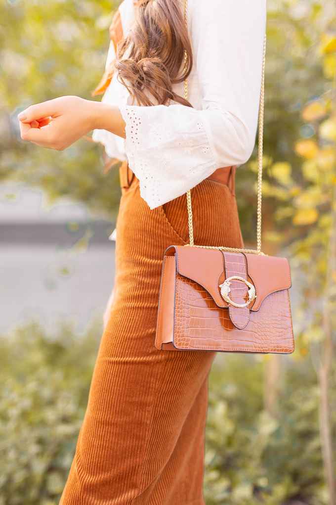 Summer to Fall 2019 Transitional Lookbook: Transitional Textures | Top Summer to Fall 2019 Transitional Trends | Top Autumn 2019 Trends and How to Wear Them | Fall 2019 Professional Outfit Ideas | Brunette woman wearing a Congac Corduroy Skirt, White Embroidered Top, Vintage Silk Neck Scarf, a TopShop Croc Embossed Bag and Orange D’Orsay Pumps | Top Calgary Fashion & Creative Lifestyle Blogger // JustineCelina.com