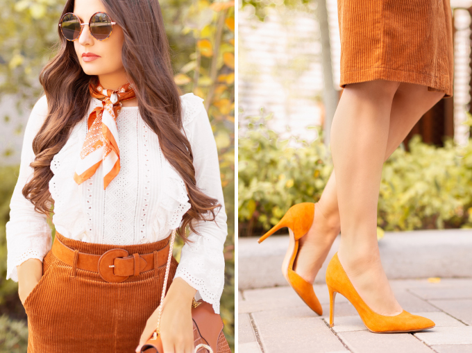 Summer to Fall 2019 Transitional Lookbook: Transitional Textures | Top Summer to Fall 2019 Transitional Trends | Top Autumn 2019 Trends and How to Wear Them | Fall 2019 Professional Outfit Ideas | Brunette woman wearing a Congac Corduroy Skirt, White Embroidered Top, Vintage Silk Neck Scarf, a TopShop Croc Embossed Bag and Orange D’Orsay Pumps | Top Calgary Fashion & Creative Lifestyle Blogger // JustineCelina.com