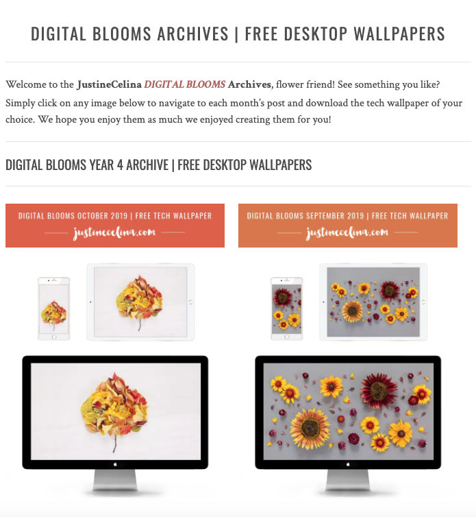 Browse the JustineCelina Digital Blooms archives for access to 4 years of free floral tech wallpapers // JustineCelina.com