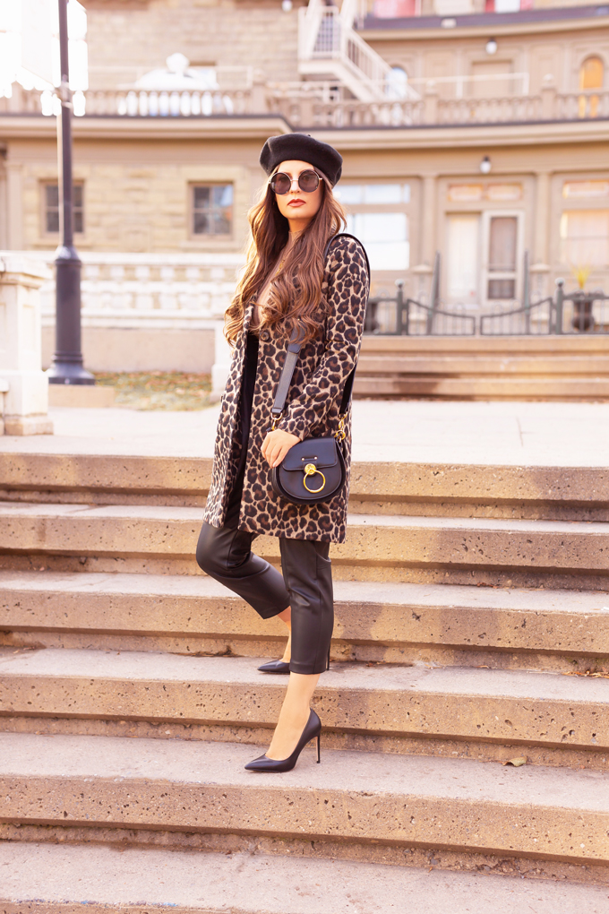 Autumn 2019 Lookbook: Leopard & Leather | Top Fall / Winter 2019 Trends | Top Autumn 2019 Trends and How to Wear Them |  Brunette woman wearing H&M vegan leather trousers with a leopard print coat, black beret, black leather pointed toe pumps and a black Chloe Tess | Chic Fall / Winter 2019 Outfits | How to Style Leopard Print for 2019 / 2020 | How to Style Faux Leather Pants | How to Wear a Beret | Top Calgary Fashion & Creative Lifestyle Blogger // JustineCelina.com