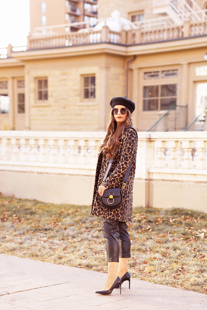Autumn 2019 Lookbook: Leopard & Leather | Top Fall / Winter 2019 Trends | Top Autumn 2019 Trends and How to Wear Them | Brunette woman wearing H&M vegan leather trousers with a leopard print coat, black beret, black leather pointed toe pumps and a black Chloe Tess | Chic Fall / Winter 2019 Outfits | How to Style Leopard Print for 2019 / 2020 | How to Style Faux Leather Pants | How to Wear a Beret | Top Calgary Fashion & Creative Lifestyle Blogger // JustineCelina.com