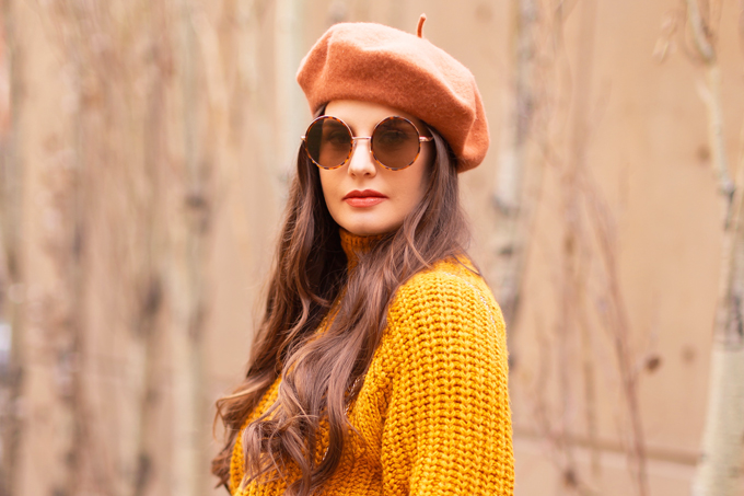 Autumn 2019 Lookbook: Pumpkin Spice | Top Fall / Winter 2019 Trends | Top Autumn 2019 Trends and How to Wear Them | Brunette woman wearing an orange coat with an H&M faux leather skirt, chunky mustard sweater, beret, rust suede boots and a croc embossed bag | Chic Fall / Winter 2019 Outfits | How to Wear the Pantone AW19/20 Fashion Colour Trend Report | How to Style a Faux Leather Skirt | How to Wear a Beret | Orange Monochromatic Outfit |  Top Calgary Fashion Blogger // JustineCelina.com