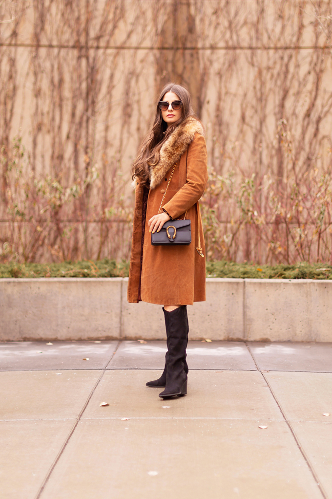 Autumn 2019 Lookbook: Vintage Viven | Top Fall / Winter 2019 Trends | Top Autumn 2019 Trends and How to Wear Them | Brunette woman wearing a vintage cognac suede snakeskin coat with fox fur collar, leopard print sweater dress, black knee high boots, black Gucci Dionysus bag and tortoise cat eye sunglasses | Vintage Inspired Fall / Winter 2019 Outfit Ideas | How to Style a Vintage Coat for fall / winter 2019 | How to style knee high boots | Top Calgary Fashion Blogger // JustineCelina.com