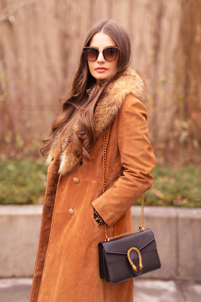 Autumn 2019 Lookbook: Vintage Viven | Top Fall / Winter 2019 Trends | Top Autumn 2019 Trends and How to Wear Them | Brunette woman wearing a vintage cognac suede snakeskin coat with fox fur collar, leopard print sweater dress, black knee high boots, black Gucci Dionysus bag and tortoise cat eye sunglasses | Vintage Inspired Fall / Winter 2019 Outfit Ideas | How to Style a Vintage Coat for fall / winter 2019 | How to style knee high boots | Top Calgary Fashion Blogger // JustineCelina.com