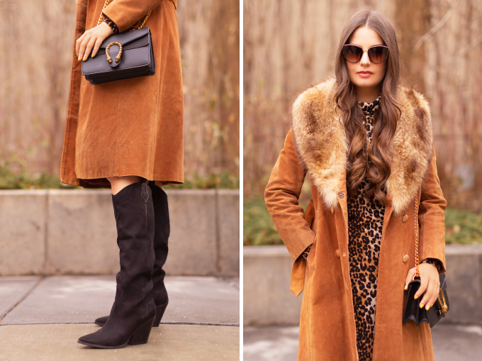 Autumn 2019 Lookbook: Vintage Viven | Top Fall / Winter 2019 Trends | Top Autumn 2019 Trends and How to Wear Them | Brunette woman wearing a vintage cognac suede snakeskin coat with fox fur collar, leopard print sweater dress, black knee high boots, black Gucci Dionysus bag and tortoise cat eye sunglasses | Vintage Inspired Fall / Winter 2019 Outfit Ideas | How to Style a Vintage Coat for fall / winter 2019 | How to style knee high boots | Top Calgary Fashion Blogger // JustineCelina.com