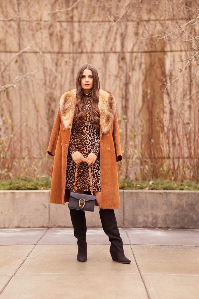 Autumn 2019 Lookbook: Vintage Viven | Top Fall / Winter 2019 Trends | Top Autumn 2019 Trends and How to Wear Them | Brunette woman wearing a vintage cognac suede snakeskin coat with fox fur collar, leopard print sweater dress, black knee high boots, black Gucci Dionysus bag and tortoise cat eye sunglasses | Vintage Inspired Fall / Winter 2019 Outfit Ideas | How to Style a Vintage Coat for fall / winter 2019 | How to style knee high boots | Top Calgary Fashion Blogger // JustineCelina.com